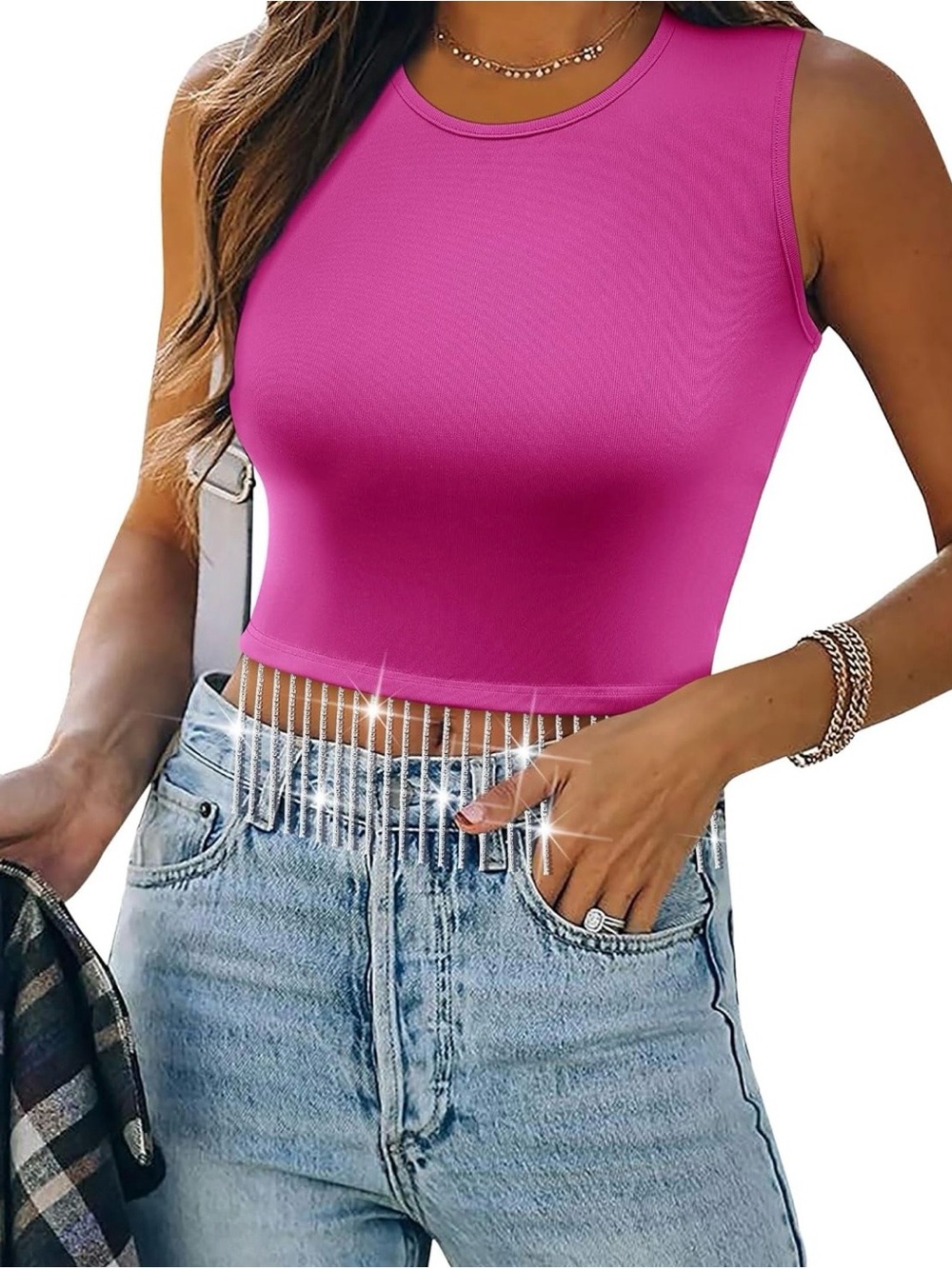 Women's Pink Sleeveless Ribbed Crop Tank Top with Rhinestone Fringe